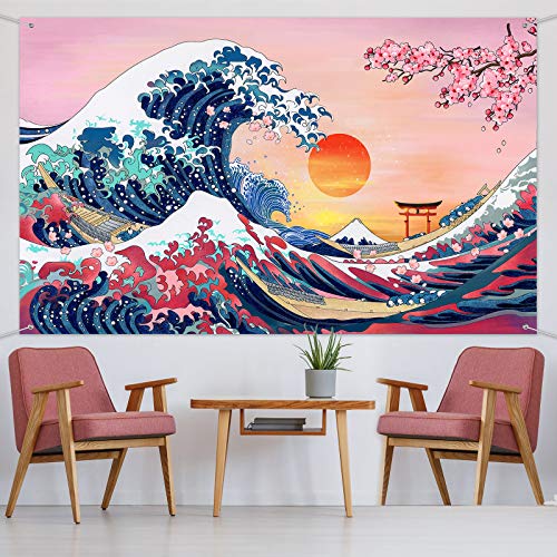 Sumind Ocean Wave Tapestry Japanese Kanagawa Backdrop Great Wave Tapestry Cherry Blossom Nature Sunset Background Wall Hanging Banner for Japanese Party Wall Home Decorations, 72.8 x 43.3 Inch - Image 5