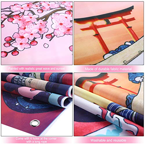 Sumind Ocean Wave Tapestry Japanese Kanagawa Backdrop Great Wave Tapestry Cherry Blossom Nature Sunset Background Wall Hanging Banner for Japanese Party Wall Home Decorations, 72.8 x 43.3 Inch - Image 3
