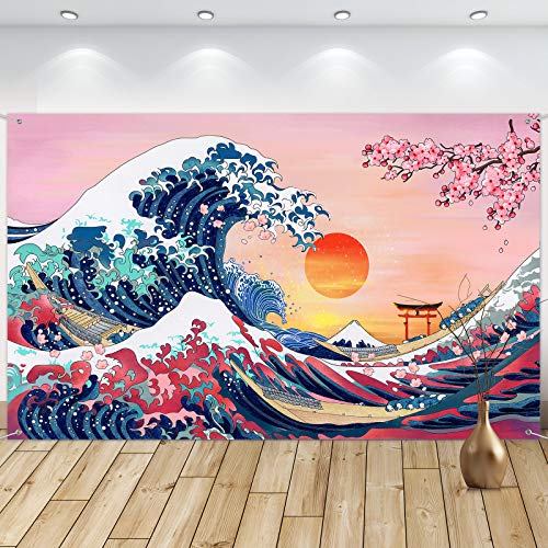 Sumind Ocean Wave Tapestry Japanese Kanagawa Backdrop Great Wave Tapestry Cherry Blossom Nature Sunset Background Wall Hanging Banner for Japanese Party Wall Home Decorations, 72.8 x 43.3 Inch - Image 1