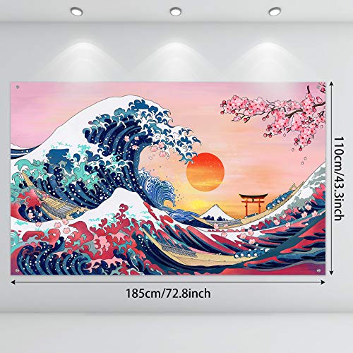 Sumind Ocean Wave Tapestry Japanese Kanagawa Backdrop Great Wave Tapestry Cherry Blossom Nature Sunset Background Wall Hanging Banner for Japanese Party Wall Home Decorations, 72.8 x 43.3 Inch - Image 2