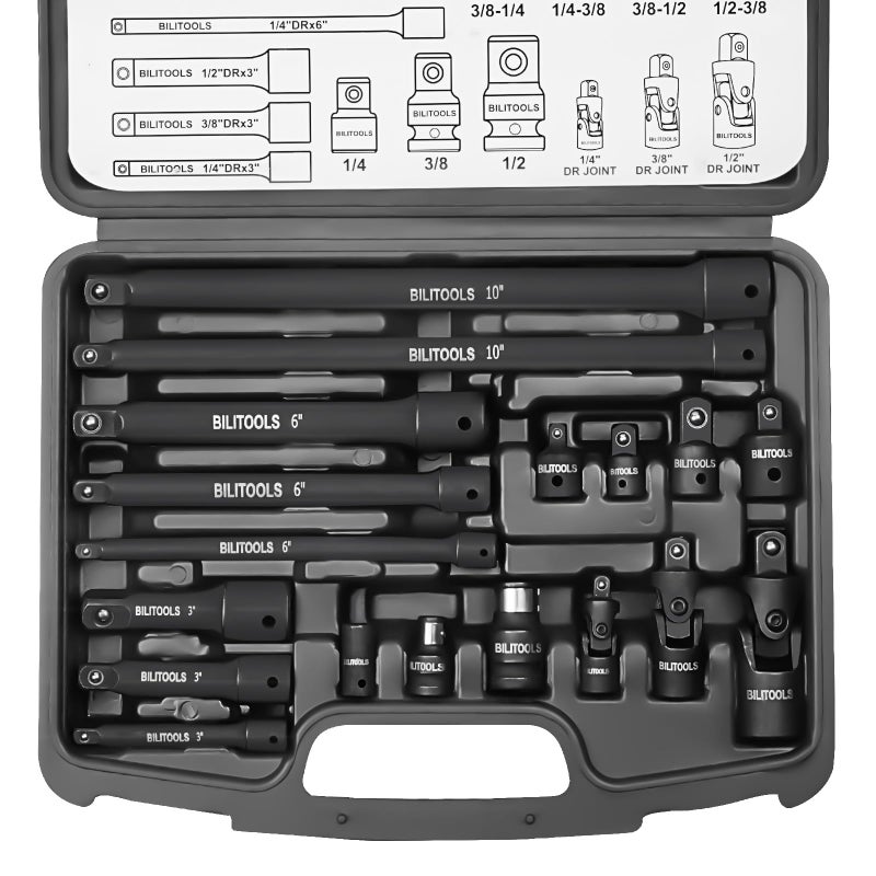 BILITOOLS 18-Piece Impact Socket Extension Set,includes 1/4" 3/8â€ & 1/2â€ Drive Extension Bar, Socket Adapter, Universal Joints, Cr-V Steel - Image 1