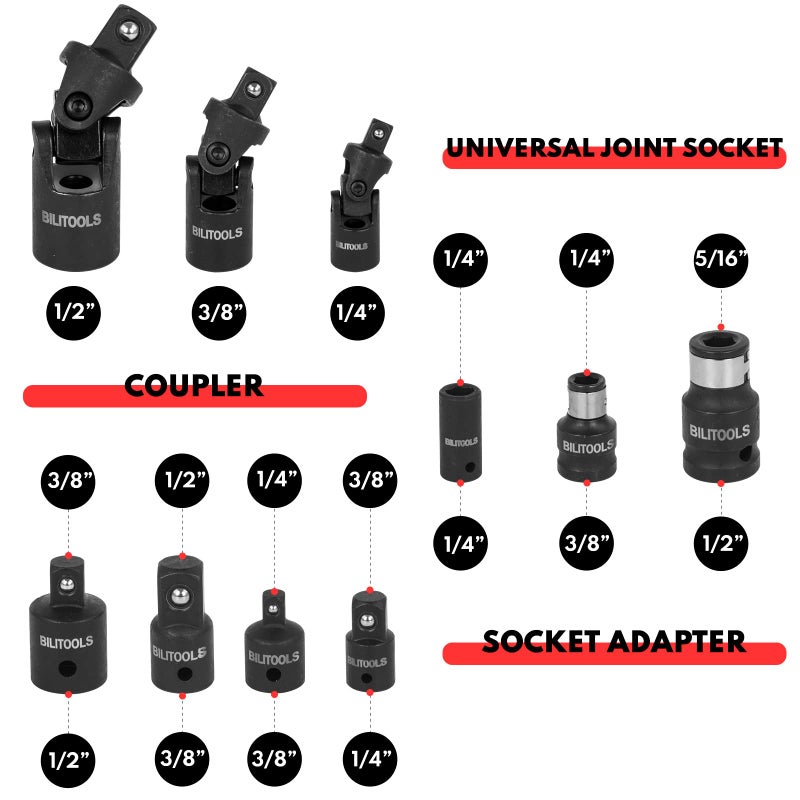 BILITOOLS 18-Piece Impact Socket Extension Set,includes 1/4" 3/8â€ & 1/2â€ Drive Extension Bar, Socket Adapter, Universal Joints, Cr-V Steel - Image 4