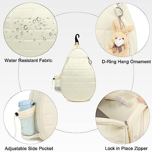 Rejolly New Tennis Racket Sling Bag for Women Men Quilted Water Resistant Racquet Cover One Shoulder Crossbody Bags for Pickleball Paddles, Badminton Racquet Cream White - Image 5