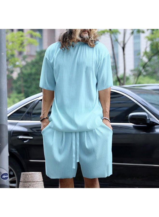 Loose Fit Short Sleeve Summer Menswear Pure Color Casual Set Thin Material Comfortable Breathable Male Model Clothing Set - Image 1