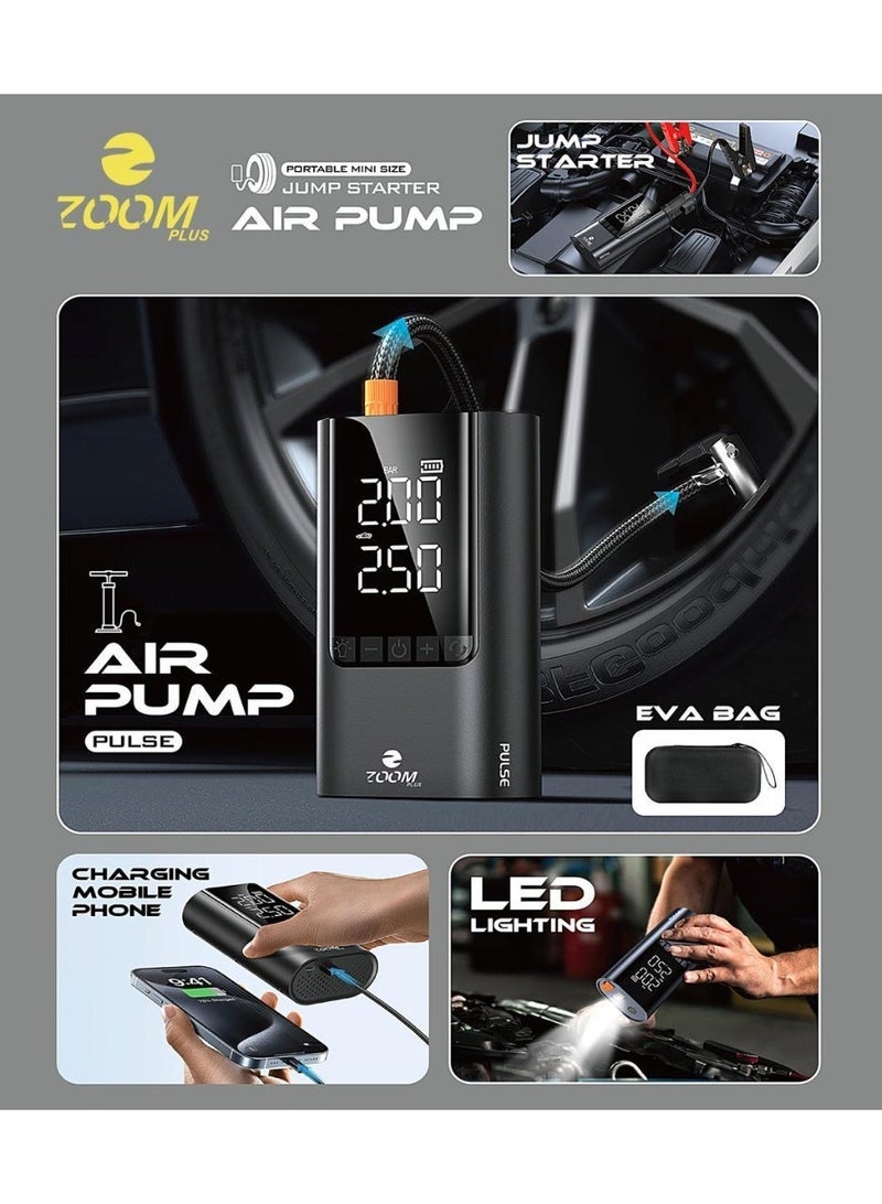 Zoom Plus [PULSE] 1500A Jump Starter & Air Compressor | 12V Smart Car Battery Booster | 150PSI Air Pump (1.5L Displacement) | Digital Screen, Emergency Light & Phone Charger - Image 2
