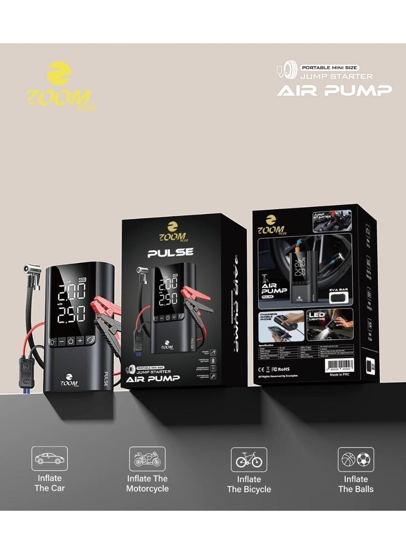 Zoom Plus [PULSE] 1500A Jump Starter & Air Compressor | 12V Smart Car Battery Booster | 150PSI Air Pump (1.5L Displacement) | Digital Screen, Emergency Light & Phone Charger - Image 4