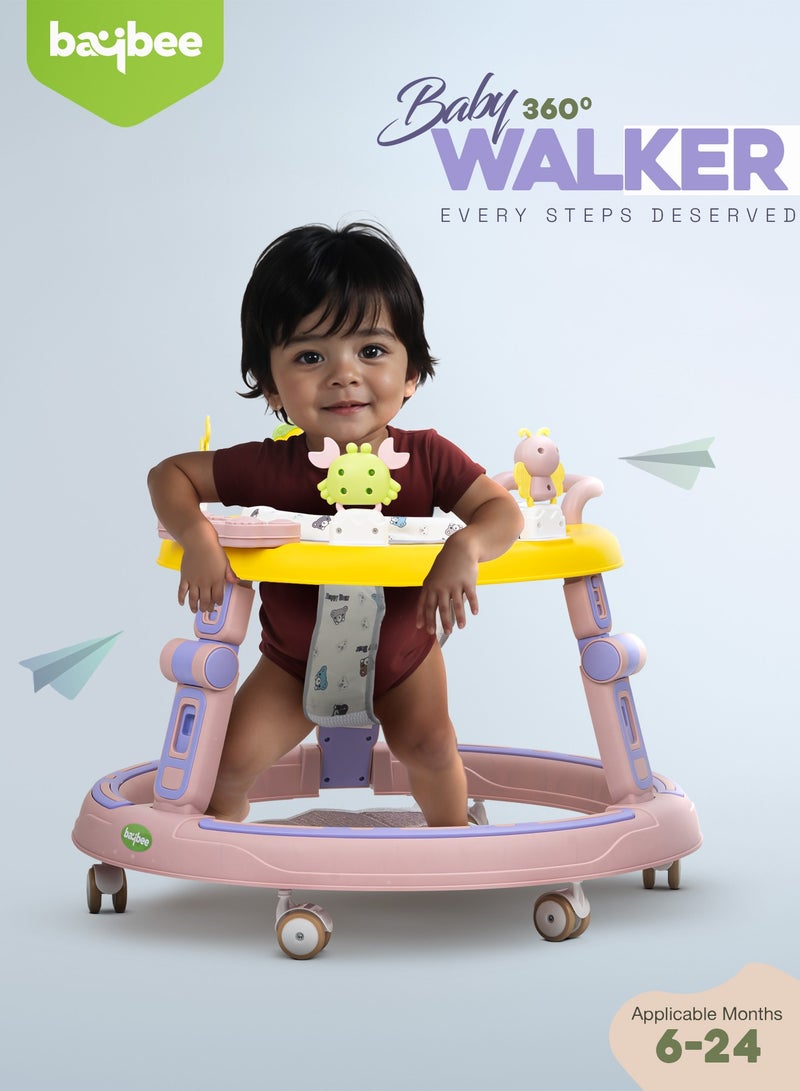 Baybee 2 in1 Push Baby Walker for Kids, Round Kids Walker with Push handle, 360 Rotatable Seat, Musical Toy Bar & Footmat | Kids Activity Walker | Push Walker for Baby Boy Girl 6 to 24 Months Pink - Image 2