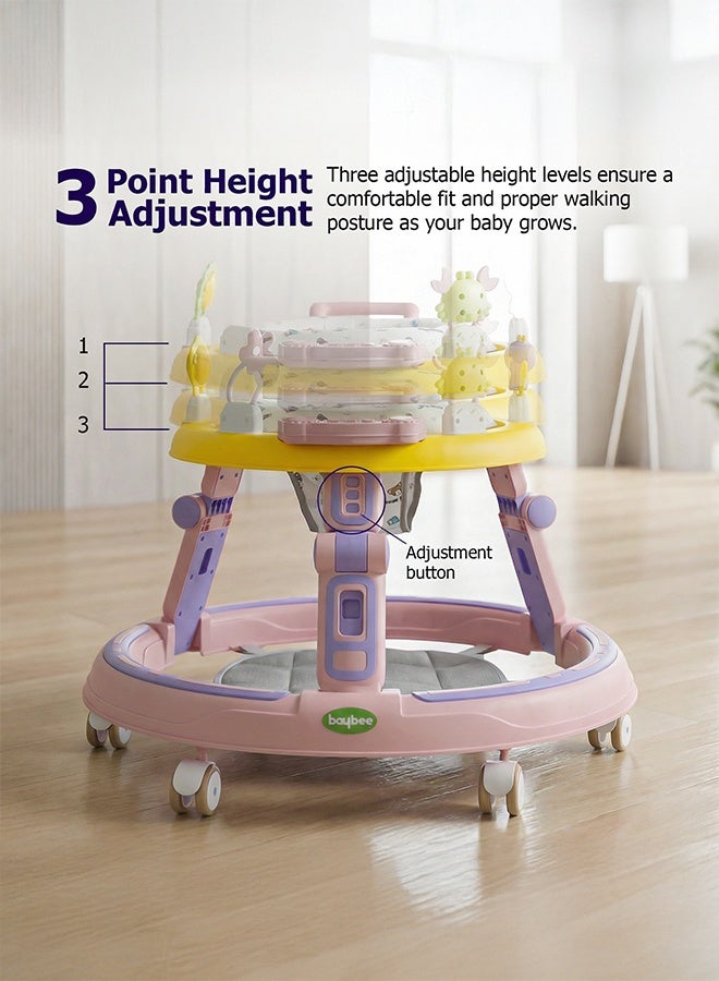 بيبي مشاية الأطفال 2 في 1 من بايبي للأطفال، مشاية مستديرة للأطفال مع مقبض دفع، مقعد قابل للدوران 360 درجة، شريط ألعاب موسيقية وسجادة قدم | مشاية أنشطة الأطفال | مشاية الدفع للأطفال الأولاد والبنات من عمر 6 إلى 24 شهرًا باللون الوردي - Image 4