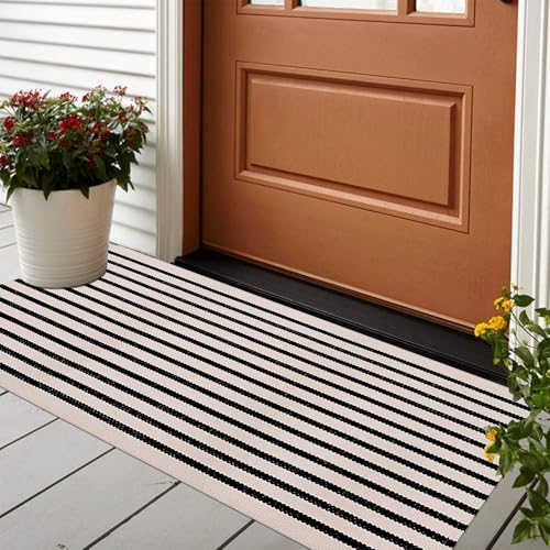 LEEVAN Black and White Striped Outdoor Rug Runner 24"x51" Layering Doormat Farmhouse Front Porch Rug Cotton Woven Washable Throw Carpet for Hallway/Front Steps/Bathroom/Kitchen/Home Entrance - Image 1