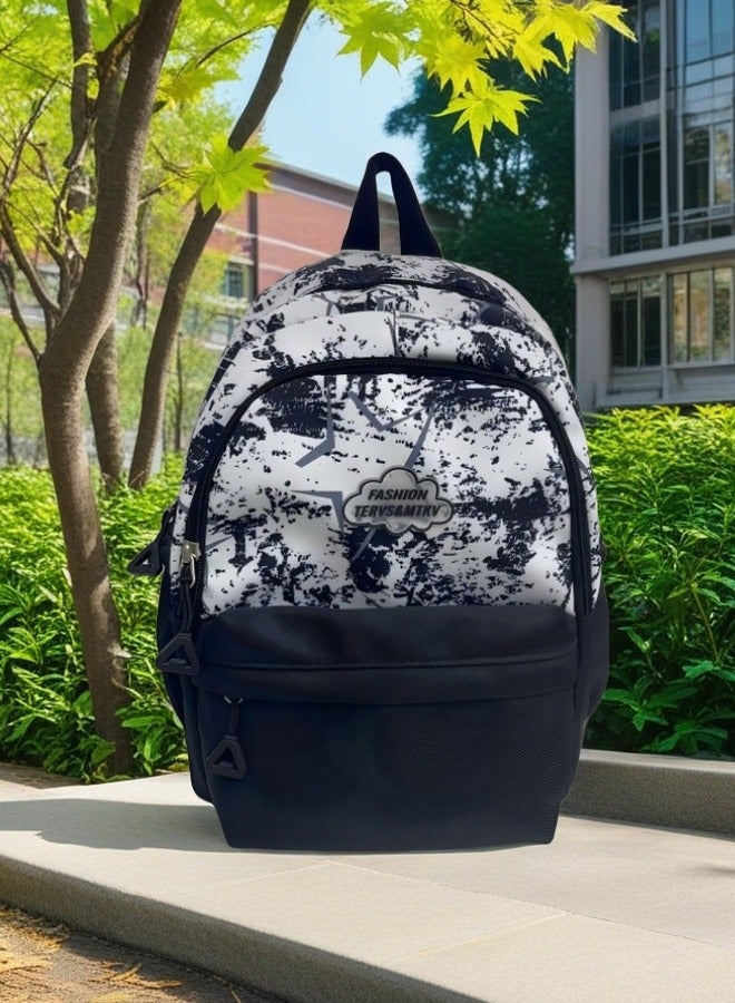 FASHION Trendy Graffiti - Style Student Backpack with Functional Pockets Urban Chic Black - White Splatter Print School Backpack  - Image 1