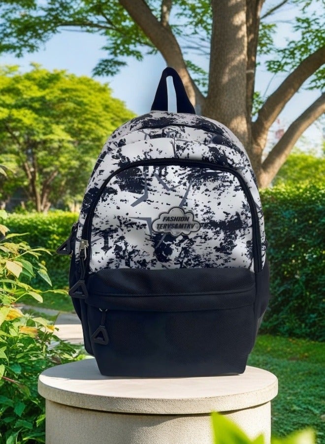 FASHION Trendy Graffiti - Style Student Backpack with Functional Pockets Urban Chic Black - White Splatter Print School Backpack  - Image 2