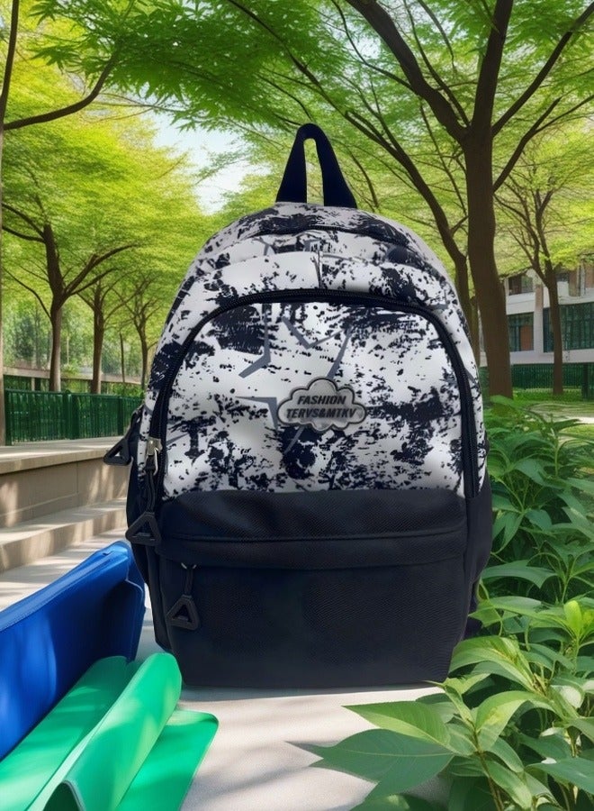 FASHION Trendy Graffiti - Style Student Backpack with Functional Pockets Urban Chic Black - White Splatter Print School Backpack  - Image 3