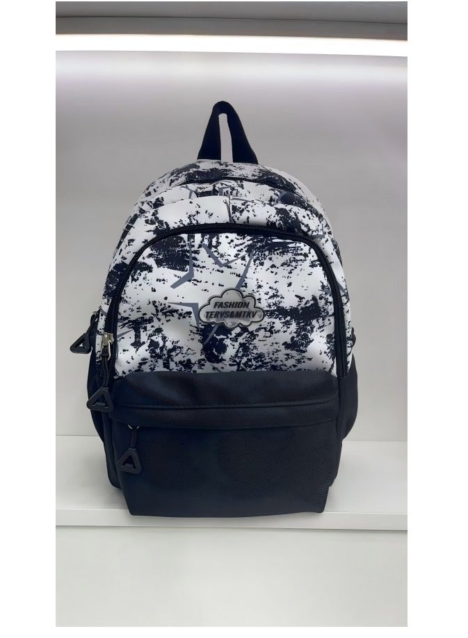 FASHION Trendy Graffiti - Style Student Backpack with Functional Pockets Urban Chic Black - White Splatter Print School Backpack  - Image 4