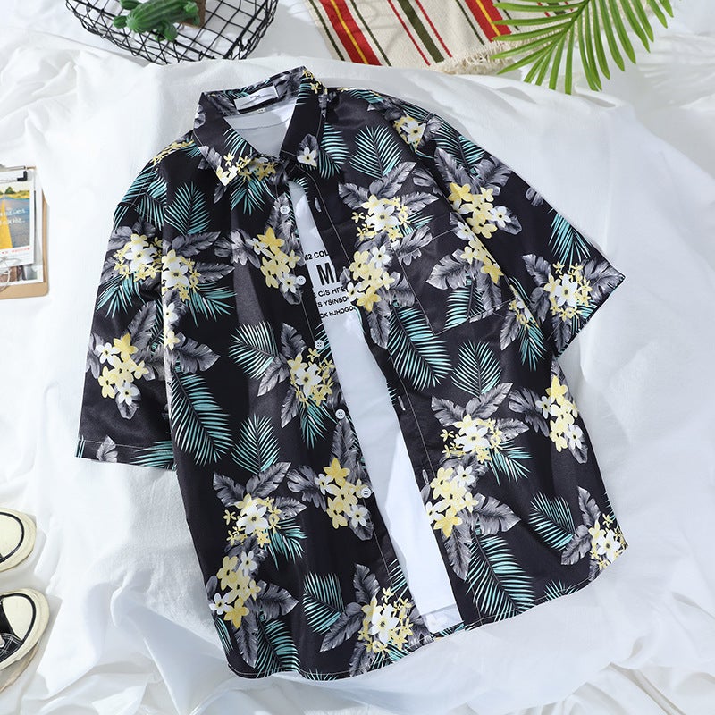 Floral Shirts For Men And Women, Short-Sleeved Retro Korean Style Handsome Printed Hong Kong Style Seaside Trendy Hawaiian Beach Shirts - Image 1