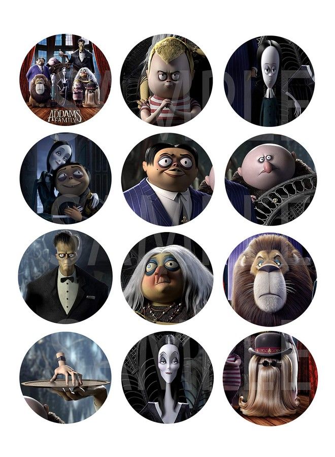Party Over Here ملصقات عائلة آدامز كبيرة 2.5 بوصة دائرة مستديرة ملصقات DIY لوضعها على أكياس هدايا الحفلات أو البطاقات أو الصناديق أو الحاويات 12 قطعة هالوين ابن العم إت وينزداي مورتيسيا غوميز ثينغ هاند باجزلي ما - Image 1
