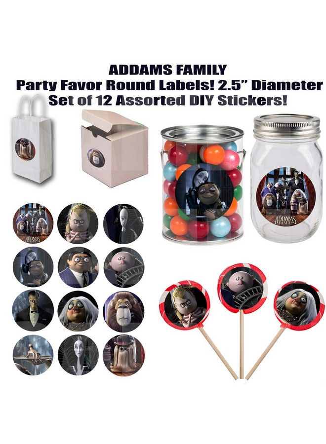 Party Over Here ملصقات عائلة آدامز كبيرة 2.5 بوصة دائرة مستديرة ملصقات DIY لوضعها على أكياس هدايا الحفلات أو البطاقات أو الصناديق أو الحاويات 12 قطعة هالوين ابن العم إت وينزداي مورتيسيا غوميز ثينغ هاند باجزلي ما - Image 3