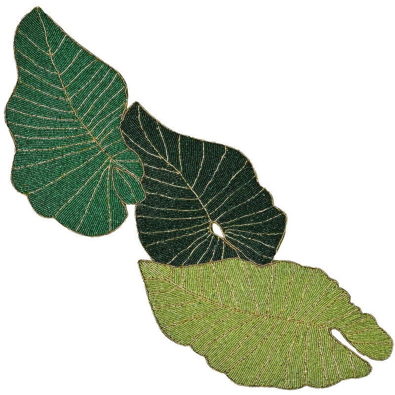Luxury Beaded Table Runner 13x36 Inches Handcrafted Leaf Pattern with Glass Beads Polyester Back Elegant Table Decor for Dining Coffee Table Events Green CLEENTABLE