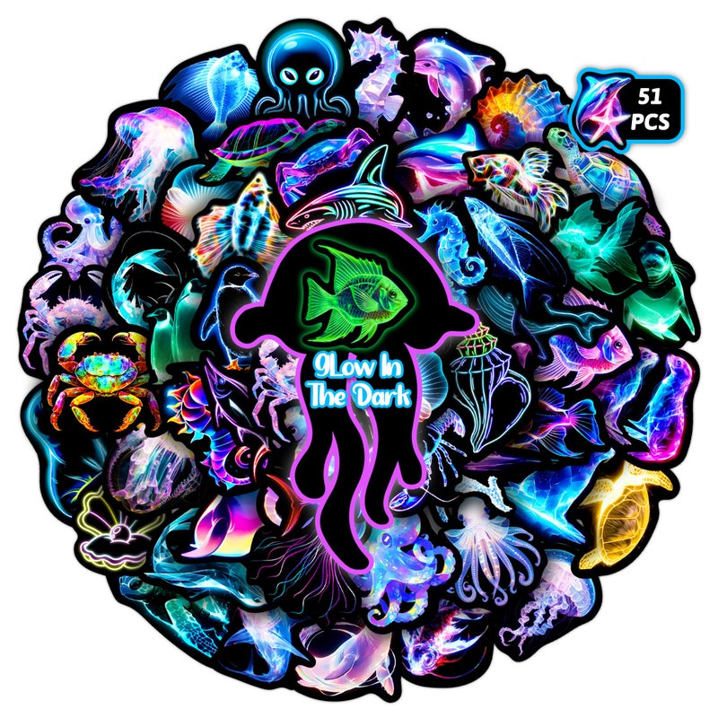 Robmoda Fantasy Glow in The Dark Ocean Animals Neon Stickers for Kids, 51 Pcs Colorful Adults Aesthetic Sea Creature Water Bottle Laptop Decals, Waterproof Vinyl Gift Crafts Party Skateboard Phone Case Decor - Image 1