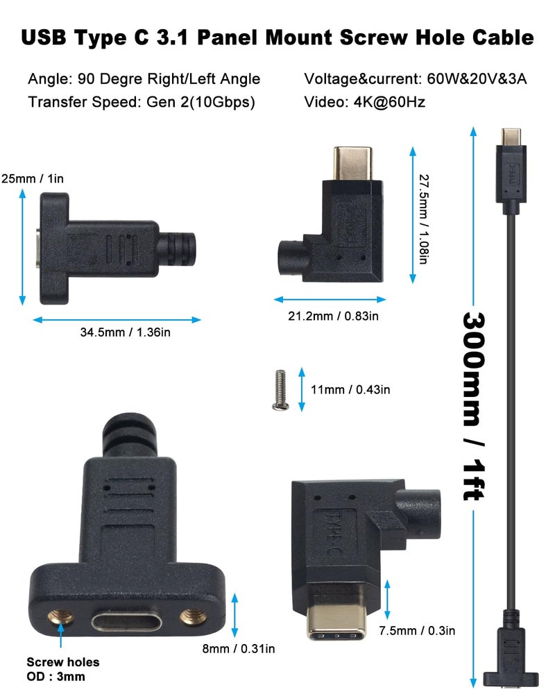 Poyiccot USB C Male to Female Extension Cable 1ft/30cm, Right& Left Angled 90 Degree USB 3.1 Type C Extender Charging & Sync Cable with Panel Mount Screw Hole for Charging & Sync (USB C Right M/F) - Image 2