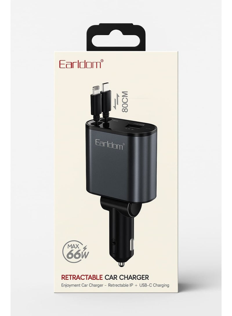 Earldom Retractable Car Charger 66W with USB & Type-C Ports and Digital Display – Model ES-CC38