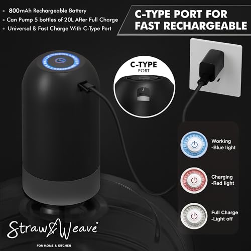 STRAW&WEAVE Automatic Water Dispenser Pump for 20 Litre Bottle | Big Battery - Portable C Type USB Rechargeable Water Pump Dispenser for Home, Office | 1 Year Warranty, White - Image 4