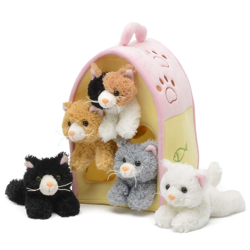 Unipak Plush Cat House with Cats  Five 5 Stuffed Animal Cats in Play Kitten House Carrying Case - Image 2