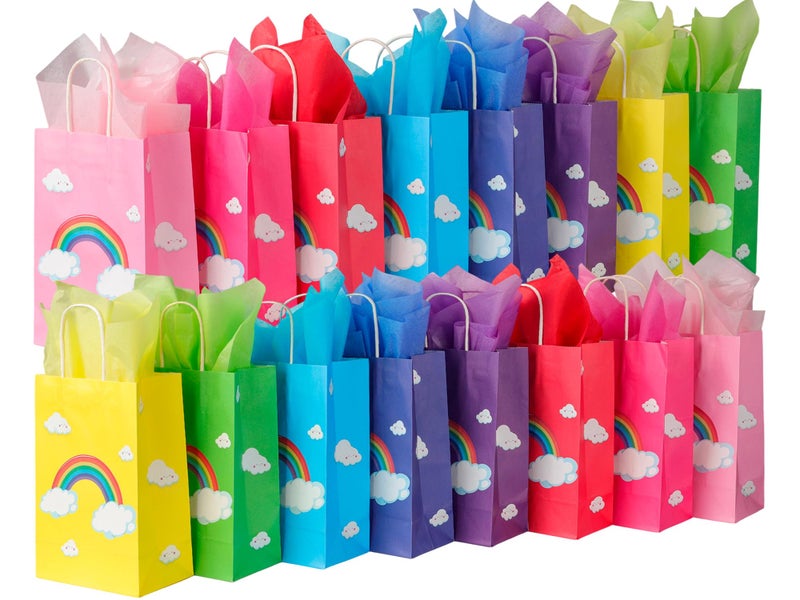 BLEWINDZ 32 Pcs Rainbow Goodie Bags with 32 Tissues - 8.7" Small Gift Bags with Handles for Kids Birthday Party Favors, Baby Showers and Party Supplies - Image 1