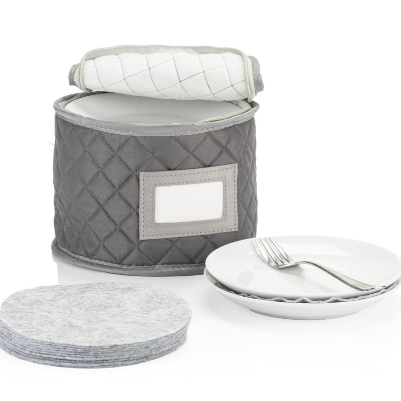 StackStorePlusMore China Storage Case - Saucer or Small Plate Quilted Case - 7" diameter x 6" height - Gray - Includes 12 Felt Separators -Stackable With Padded Interior - Great for Appetizer Plates - Image 1