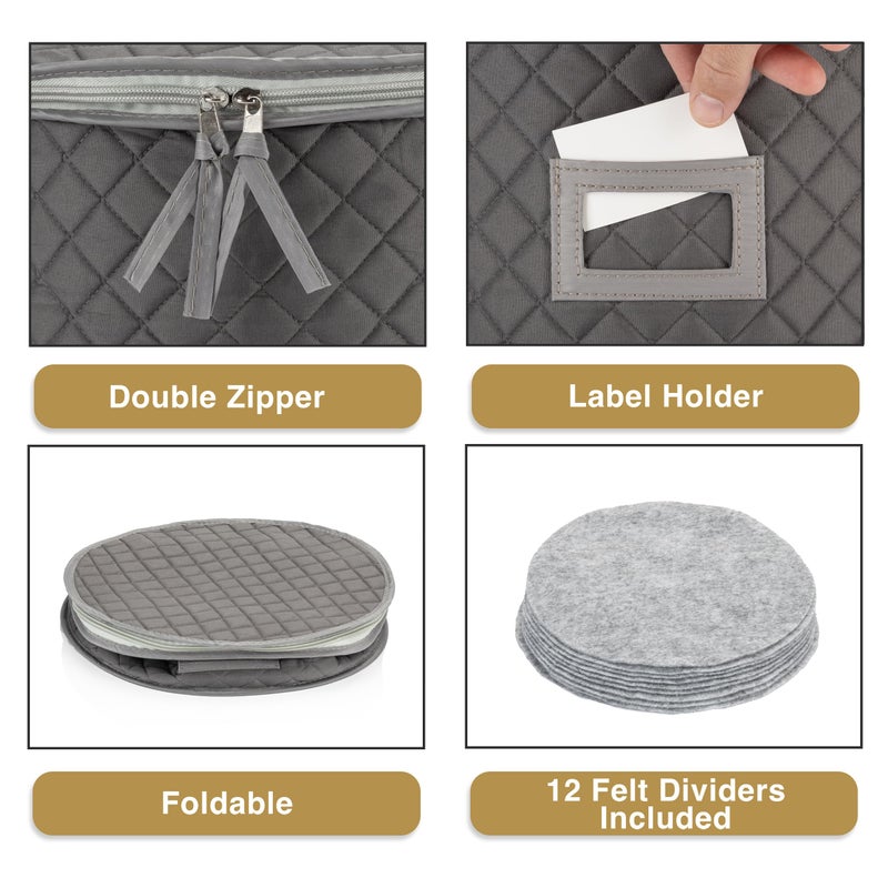StackStorePlusMore China Storage Case - Saucer or Small Plate Quilted Case - 7" diameter x 6" height - Gray - Includes 12 Felt Separators -Stackable With Padded Interior - Great for Appetizer Plates - Image 3