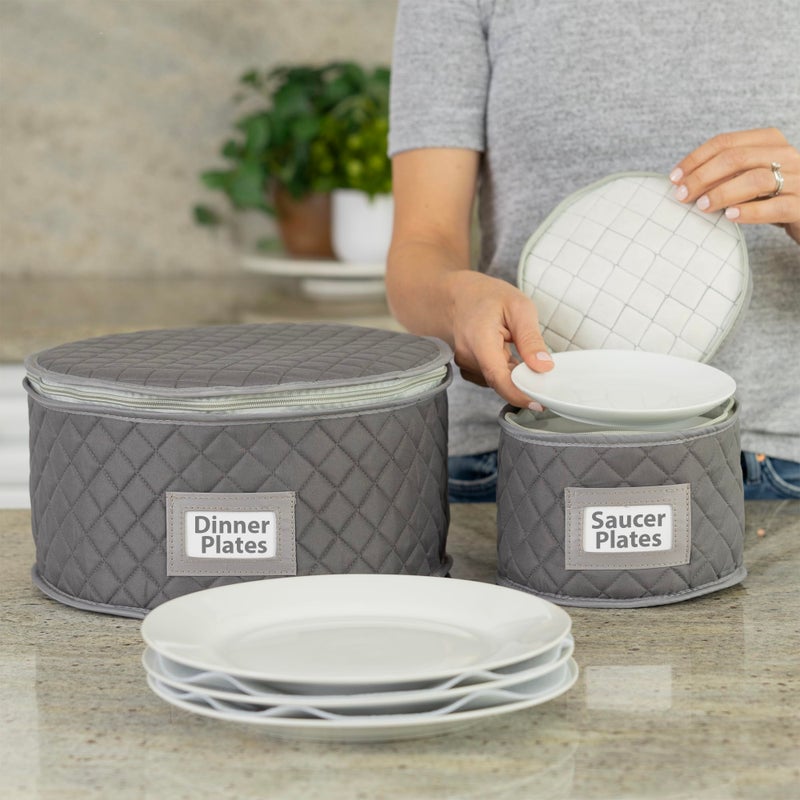 StackStorePlusMore China Storage Case - Saucer or Small Plate Quilted Case - 7" diameter x 6" height - Gray - Includes 12 Felt Separators -Stackable With Padded Interior - Great for Appetizer Plates - Image 4