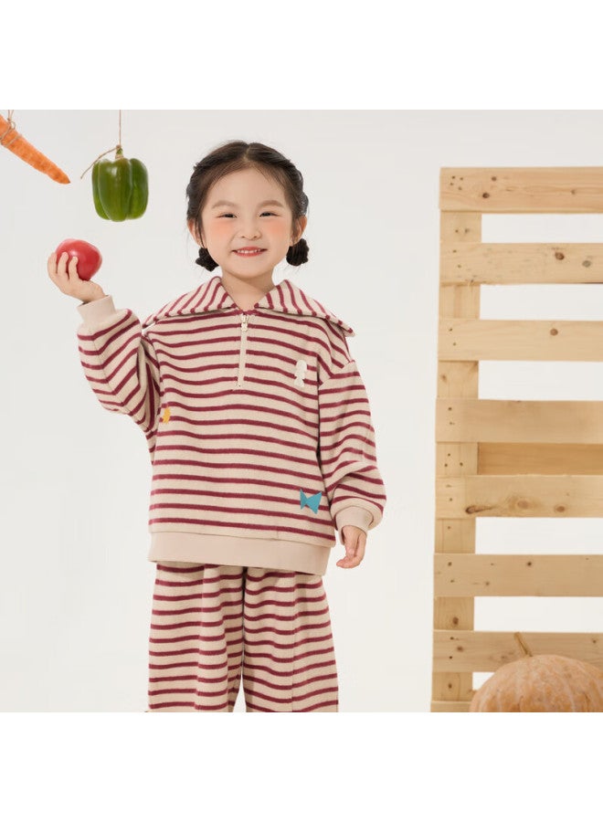 Papapapa Autumn New Children's Sweatshirt Boys And Girls Stylish Striped Navy Collar Loose Top Maroon 110 - Image 1