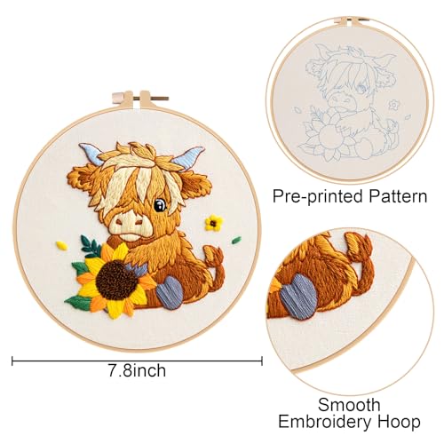 Nuberlic Highland Cow Embroidery Kit 3 Pack Embroidery Kits for Adults Beginners Starter Cross Stitch Kit Set with Floral Designs - Perfect DIY Gift - Image 5