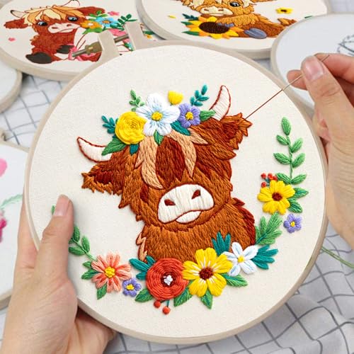 Nuberlic Highland Cow Embroidery Kit 3 Pack Embroidery Kits for Adults Beginners Starter Cross Stitch Kit Set with Floral Designs - Perfect DIY Gift - Image 2