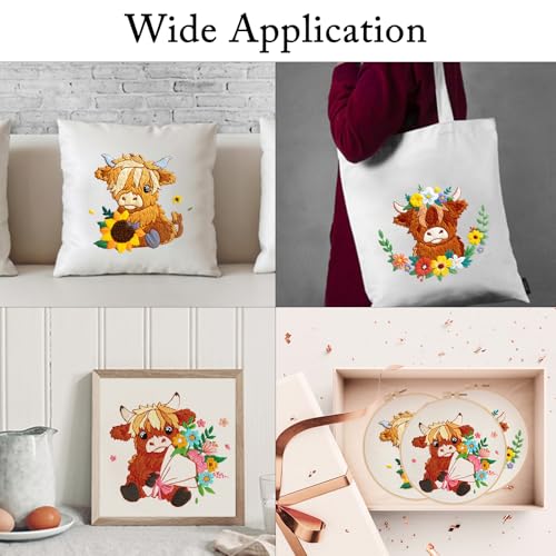 Nuberlic Highland Cow Embroidery Kit 3 Pack Embroidery Kits for Adults Beginners Starter Cross Stitch Kit Set with Floral Designs - Perfect DIY Gift - Image 3