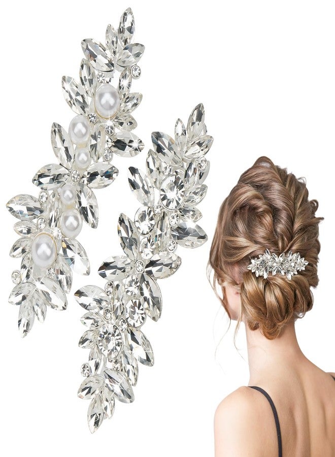 BLAAROOM 2Pcs Silver Crystal Pearl Hair Clips for Women Sparkly Rhinestone Flower Hair Barrettes French Bride Hair Clip Hair Accessories for Valentines Wedding Prom - Image 1
