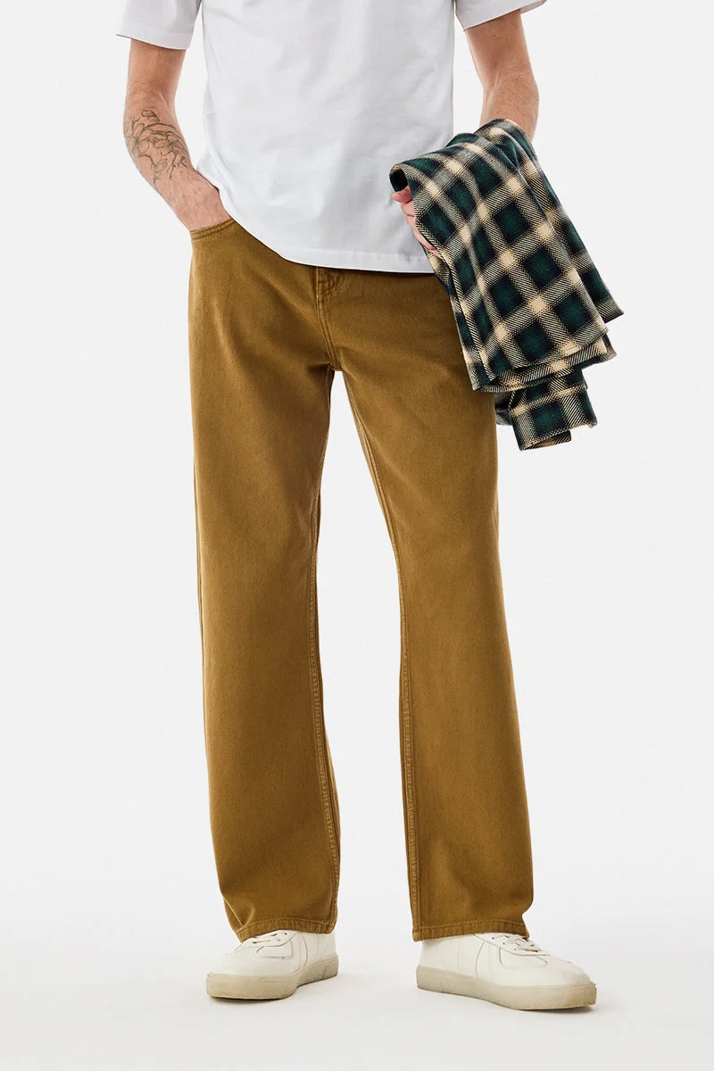 سنيتش Khaki Solid Straight Fit Casual Jeans