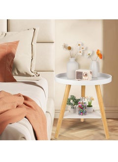 Hihonor 2 Tier Coffee Table, Household Round End Tea Table Storage Rack, Nordic Modern Small Unit Bedside Corner Table, for Balcony, Living Room, Bedroom, Tea Room, Beech Wood, 40 * 40 * 44cm (White)  - Image 2