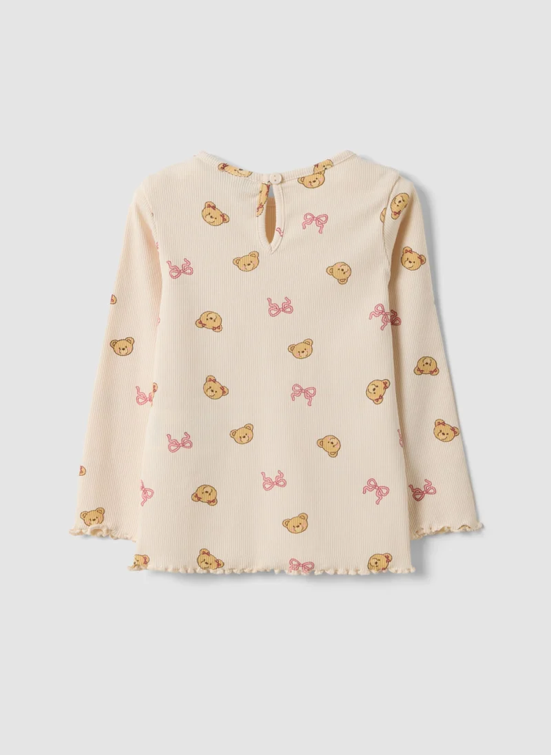 Ovs OVS Beige Organic Stretch-Cotton T-Shirt With Teddy Bear Print For Baby Girl