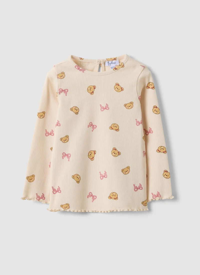 Ovs OVS Beige Organic Stretch-Cotton T-Shirt With Teddy Bear Print For Baby Girl