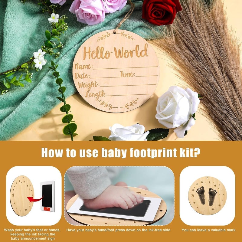 Excefore Baby Birth Announcement Sign, Wooden Baby Birth Sign With Marker Pen And Ink Pad, Double-Sided Boho Sun Newborn Announcement Sign For Baby Hand And Footprints, Baby Shower Keepsake - Image 3