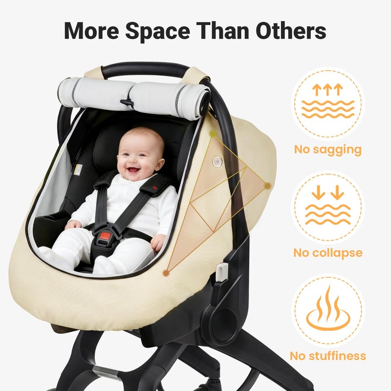 Rquite Car Seat Cover Baby, Winter Carseat Covers Boy Girl, Waterproof Infant Car Seat Cover Warm Car Seat Canopy for Cold Weather, Windproof Baby Carrier/Stroller Cover with 2 Layers Windows, Beige - Image 3
