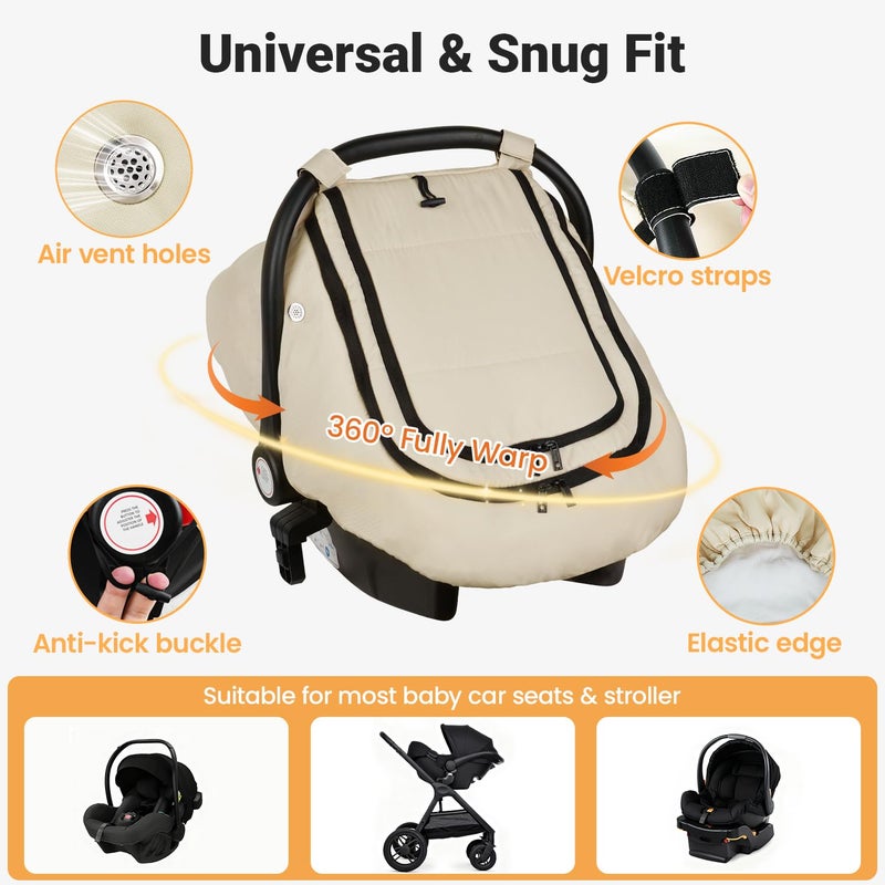 Rquite Car Seat Cover Baby, Winter Carseat Covers Boy Girl, Waterproof Infant Car Seat Cover Warm Car Seat Canopy for Cold Weather, Windproof Baby Carrier/Stroller Cover with 2 Layers Windows, Beige - Image 2