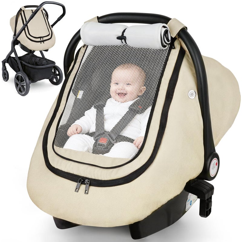 Rquite Car Seat Cover Baby, Winter Carseat Covers Boy Girl, Waterproof Infant Car Seat Cover Warm Car Seat Canopy for Cold Weather, Windproof Baby Carrier/Stroller Cover with 2 Layers Windows, Beige - Image 1