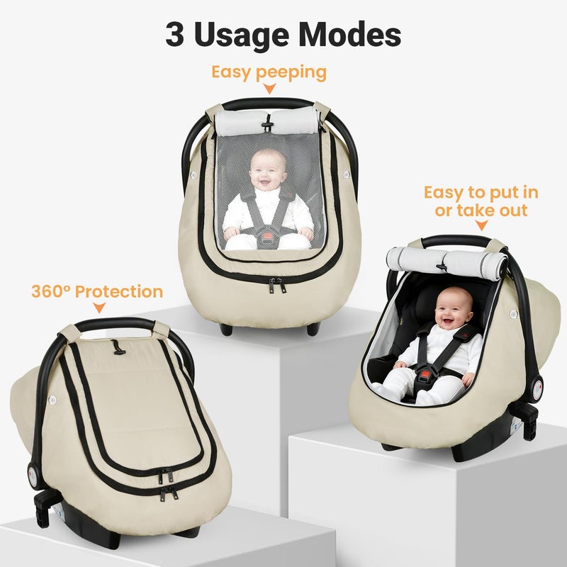Rquite Car Seat Cover Baby, Winter Carseat Covers Boy Girl, Waterproof Infant Car Seat Cover Warm Car Seat Canopy for Cold Weather, Windproof Baby Carrier/Stroller Cover with 2 Layers Windows, Beige - Image 4
