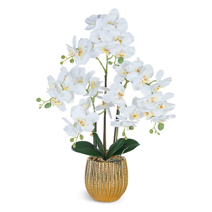 ARTIFICIAL ORCHID FLOWERS PLANTS POTTED IN CERAMIC POT WHITE FAUX PHALAENOPSIS ORCHIDS FOR TABLE CENTERPIECE REALISTIC FAKE FLOWER ARRANGEMENT FOR HOME OFFICE DECOR INDOOR