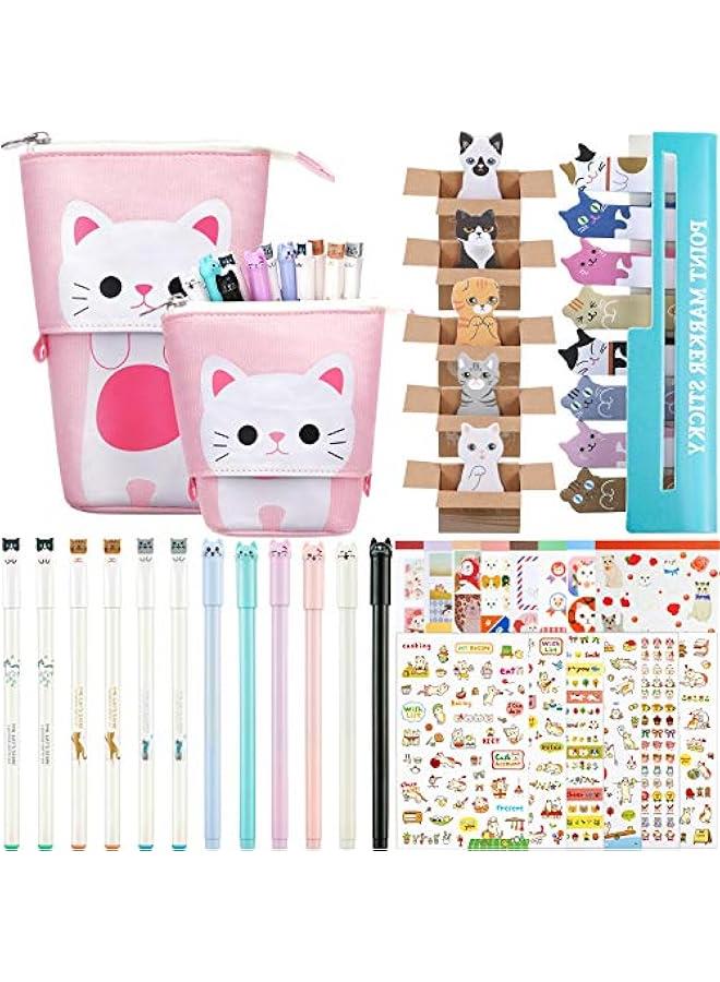 Arabest 417 Pcs Cute Cat Stationery Set Cat Telescopic Pencil Pouch Case Gel Ink Pen Sticky Memos Notes Cat Album Sticker for School Office(Pink Cat Style)  - Image 1