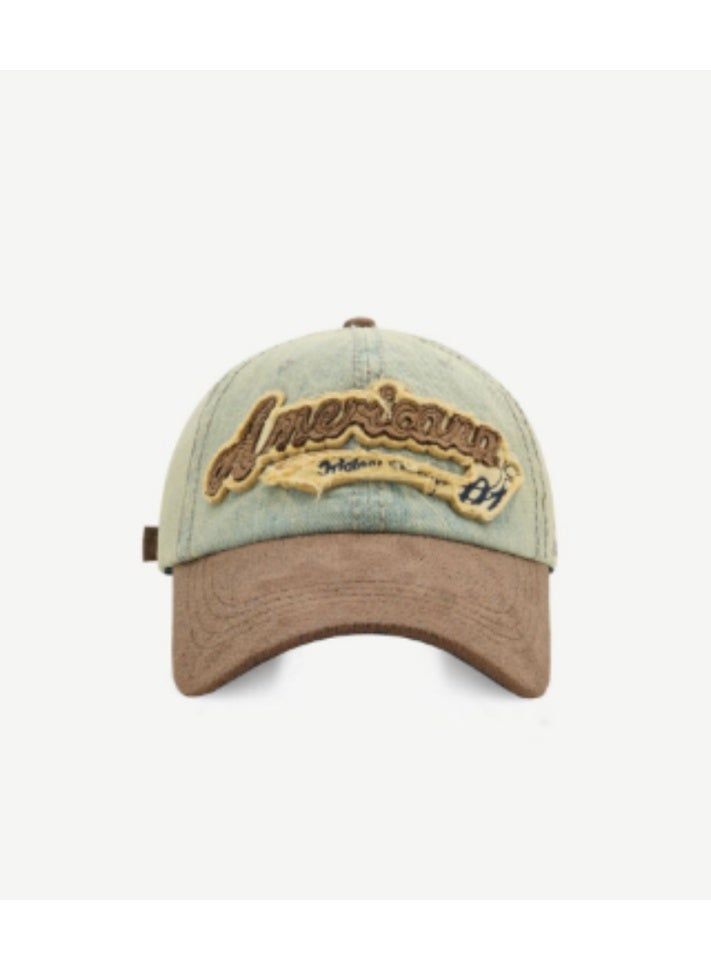Americana Vintage - Style Light Blue Denim Baseball Cap with "Americana" Embroidered Patch and Brown Brim  55-59cm