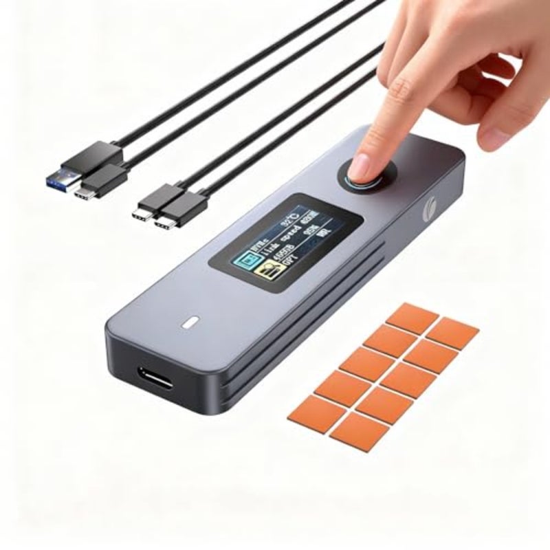 حاوية SSD لتشفير بصمات الأصابع مع شاشة LCD، حافظة محرك أقراص ثابتة USB 3.2 Gen2 بسرعة 10 جيجابت في الثانية، تدعم M.2 NVMe SATA SSD، محرك أقراص خارجي مشفر للأجهزة لأجهزة Mac وWindows PC - Image 1