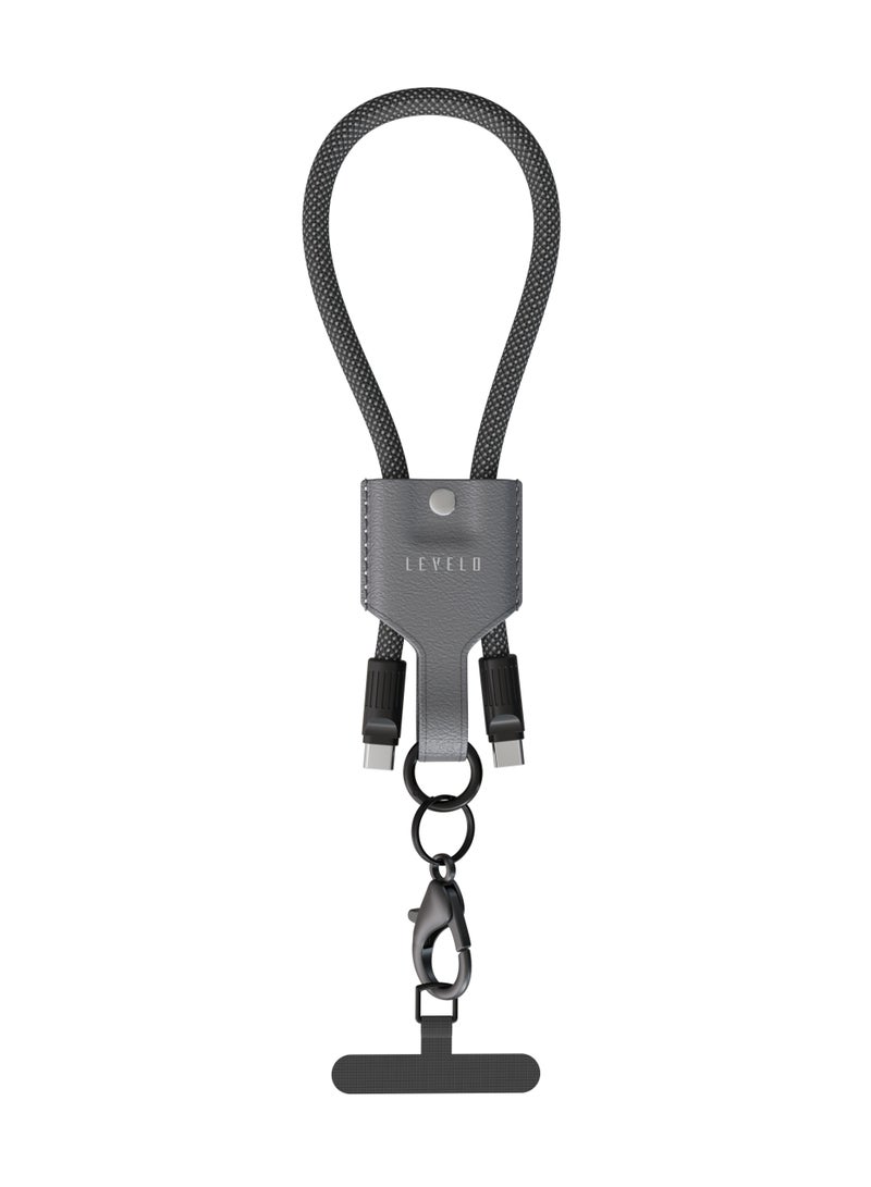 LEVELO Premium Lanyard Type-C to Type-C Cable with 60W Power Delivery and High-Speed Data Sync /0.3m Compact Length/Premium TPE Leather Build/Travel-Friendly Design/Durable Connector/Everyday Carry Ready - Black & Grey - Image 1