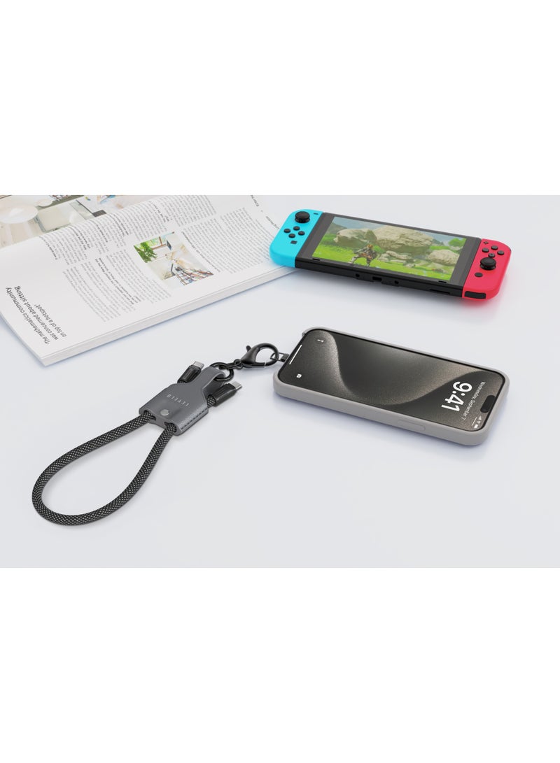 LEVELO Premium Lanyard Type-C to Type-C Cable with 60W Power Delivery and High-Speed Data Sync /0.3m Compact Length/Premium TPE Leather Build/Travel-Friendly Design/Durable Connector/Everyday Carry Ready - Black & Grey - Image 3